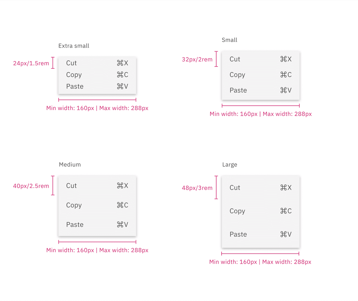 Menu sizes